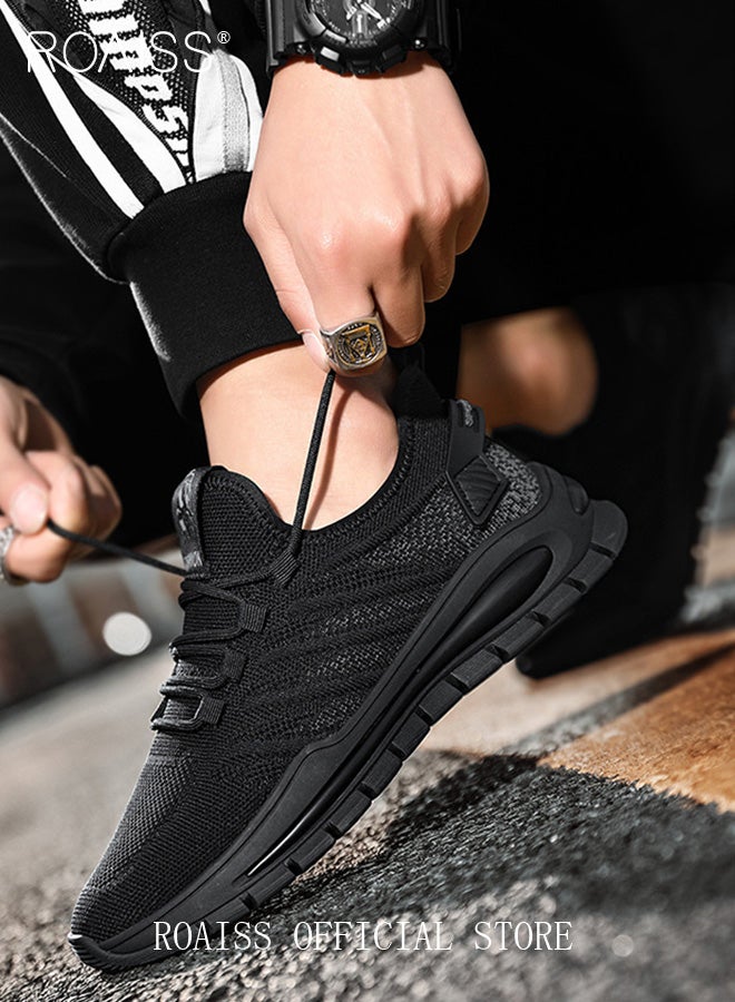roaiss Casual Outdoor Sneakers for Men Breathable Non Slip Lace Up Mesh Running Shoes Mens Lightweight Soft Elastic Sole Athletic Sneaker Solid Color Flying Weaving Footwear Colorblock Sneakers  - Image 4