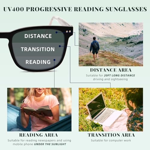 DEHOTRE Progressive Multifocal Reading Sunglasses Men No Line Bifocal Sun Readers with Core Wire Zero Top Spring Hinge UV400 Black 2.50 - Image 2
