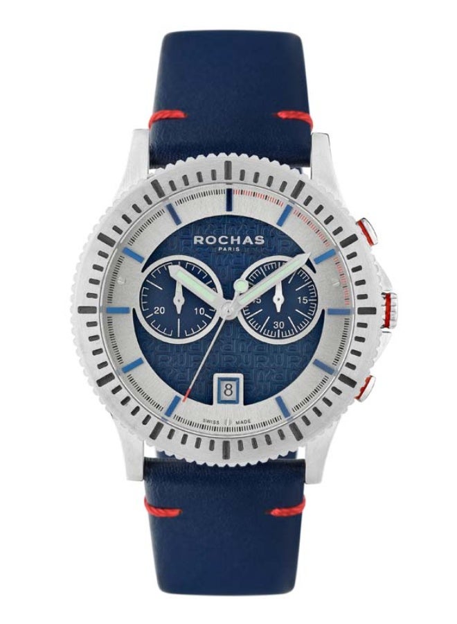 Rochas Men's 42 mm Blue Dial and Blue Genuine Leather Strap Watch with Day-Date Feature - RWM207