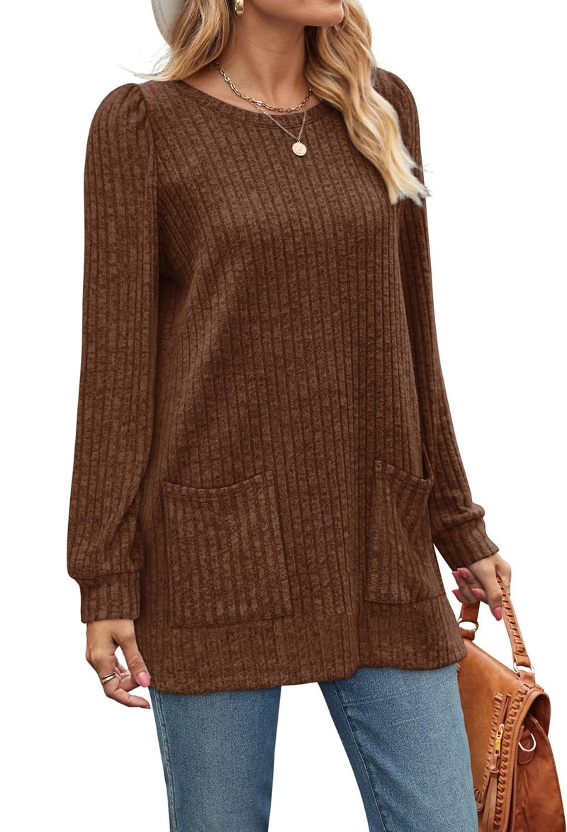 OFEEFAN Brown Tunic Tops for Women Long Sleeve Tunics to Wear with Leggings Fall Sweaters Brown M - Image 2