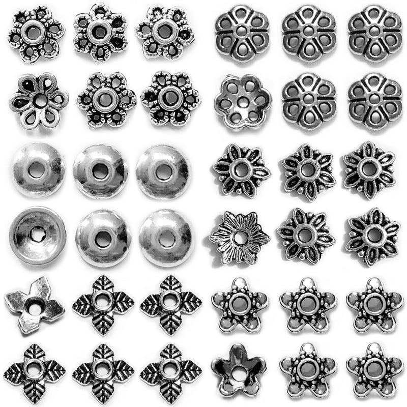 Antique Silver Spacer Bead Caps Bali Style Mixed Tibetan Silver Flower Beads Caps for Bracelet Necklace Earrings Jewelry Making Supplies Findings 600Pcs