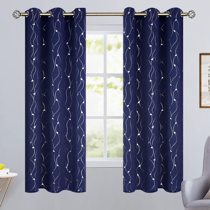 BGment Blackout Curtains 63 Inch Length 2 Panels Set Grommet Thermal Insulated Room Darkening Window Curtains with Wave Line and Dots Printed for Bedroom  42 x 63 Inch  Navy Blue - Image 2
