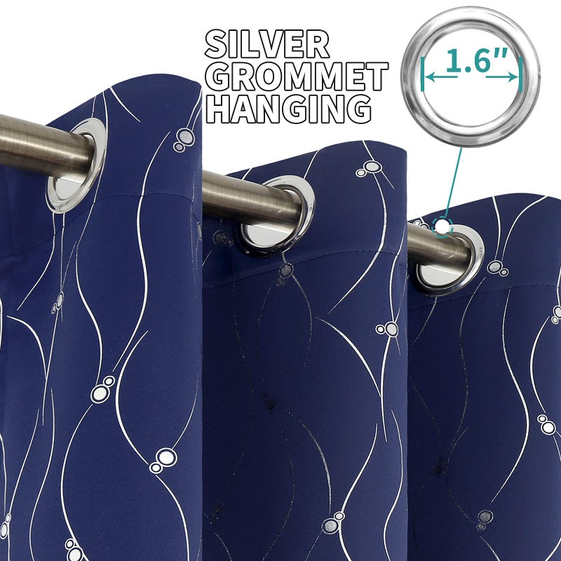 BGment Blackout Curtains 63 Inch Length 2 Panels Set Grommet Thermal Insulated Room Darkening Window Curtains with Wave Line and Dots Printed for Bedroom  42 x 63 Inch  Navy Blue - Image 5