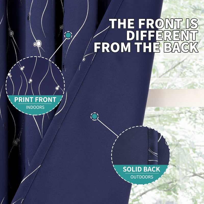 BGment Blackout Curtains 63 Inch Length 2 Panels Set Grommet Thermal Insulated Room Darkening Window Curtains with Wave Line and Dots Printed for Bedroom  42 x 63 Inch  Navy Blue - Image 3