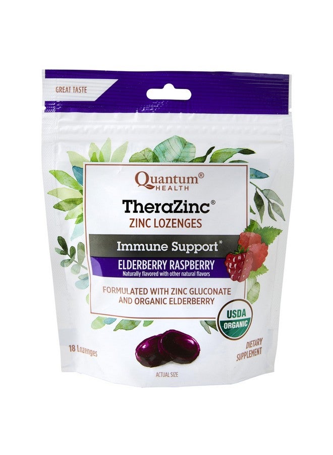 Quantum Health TheraZinc Organic Zinc Lozenges Elderberry Sambucus Raspberry & Honey Immune Support for Adults & Kids 12+ Naturally Flavored Fast Relief with No Aftertaste -18 Count (Package may vary) - Image 1