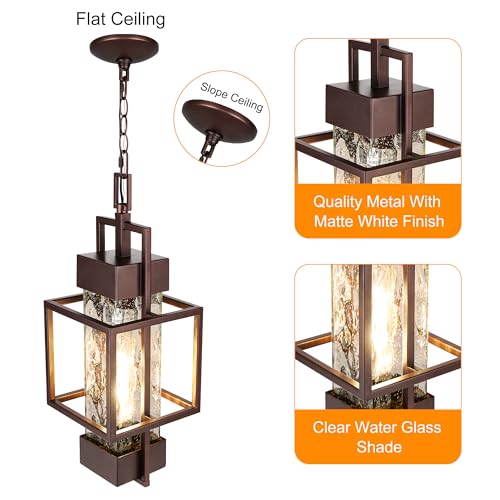 PARTPHONER 15" Outdoor Indoor Pendant Light Exterior Hanging Lantern, Modern Metal Outside Chandelier Light Fixture Ceiling Mount with Water Glass for Front Porch Entrance Foyer Entryway, Oil Rubbed Bronze - Image 2