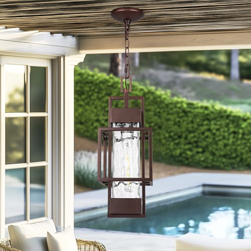 PARTPHONER 15" Outdoor Indoor Pendant Light Exterior Hanging Lantern, Modern Metal Outside Chandelier Light Fixture Ceiling Mount with Water Glass for Front Porch Entrance Foyer Entryway, Oil Rubbed Bronze - Image 4