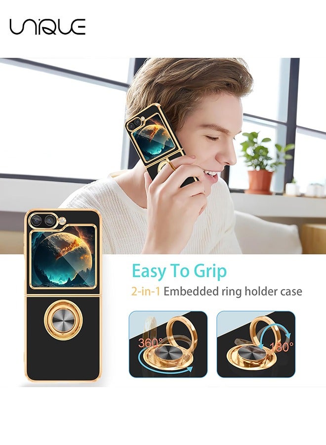 Unique For Samsung Galaxy Z Flip 6 Case - With 360° Rotatable Ring Bracket - [Magnetic Car Holder] For Samsung Z Flip 6 Shockproof Phone Case (Black) - Image 3