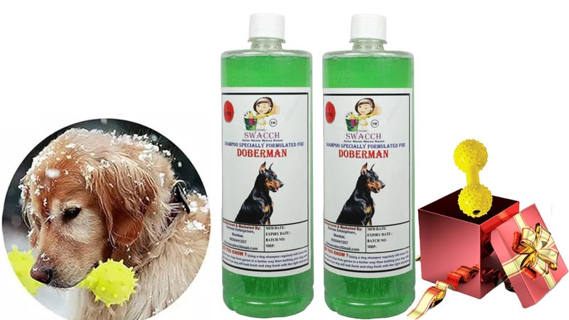 swacch Doberman Dog Shampoo + Dumbbell Toy I Durable Rubber Dog Toy for Chewing I Playing,Teeth Cleaning & Training Toy I Combo Pack I 1 Litre Pack of 2 Neem Alovera - Image 1