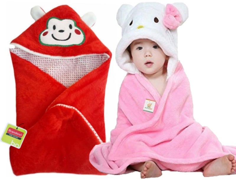 Brandonn BRANDONN Newborn Combo of Furry Glacier Hooded Smily Baby Blanket and Premium Glacier Hooded Baby Wrapper(Pack of 2, Pink n White-Red) - Image 1
