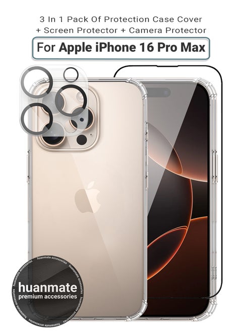 3 in 1 Apple iPhone 16 Pro Max Protection Pack - Ultra Clear Shockproof Case, Edge-to-Edge Screen Protector & Camera Lens Protector, 360 Degree Full Body Protection for Apple iPhone 16 Pro Max