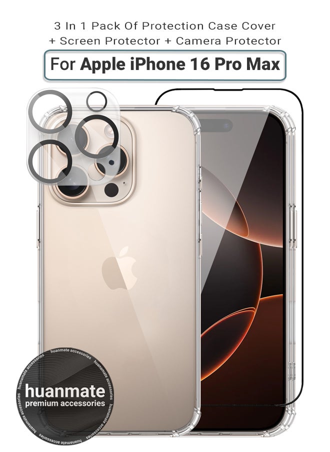 huanmate - 3 in 1 Apple iPhone 16 Pro Max Protection Pack - Ultra Clear Shockproof Case, Edge-to-Edge Screen Protector & Camera Lens Protector, 360 Degree Full Body Protection for Apple iPhone 16 Pro Max - Image 1