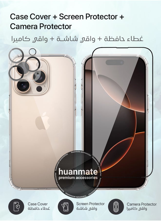 huanmate - 3 in 1 Apple iPhone 16 Pro Max Protection Pack - Ultra Clear Shockproof Case, Edge-to-Edge Screen Protector & Camera Lens Protector, 360 Degree Full Body Protection for Apple iPhone 16 Pro Max - Image 1