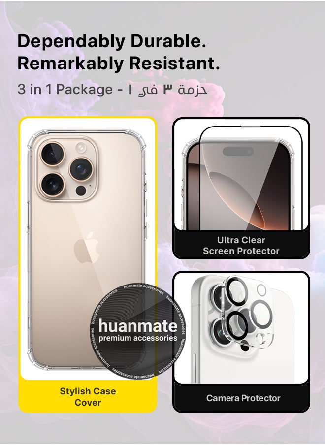 huanmate - 3 in 1 Apple iPhone 16 Pro Max Protection Pack - Ultra Clear Shockproof Case, Edge-to-Edge Screen Protector & Camera Lens Protector, 360 Degree Full Body Protection for Apple iPhone 16 Pro Max - Image 1
