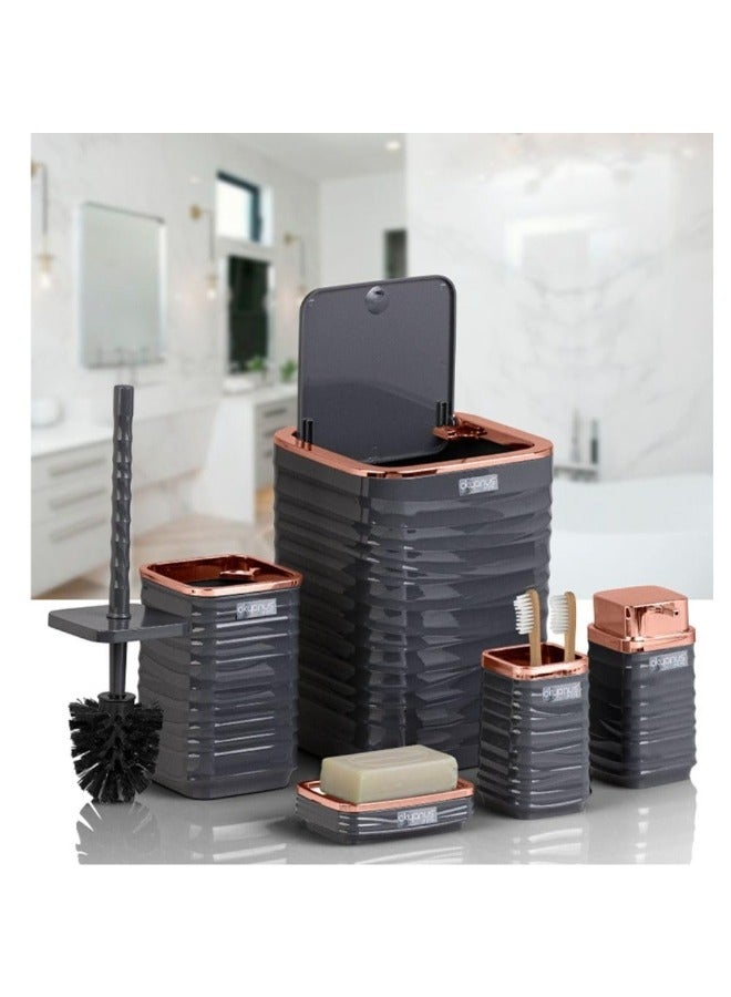 Luna Square 5 Piece Bathroom Set (Soap Dish Soap Dispenser Trash Can Toilet Brush & Holder Toothbrush Holder) (Rose Grey) - Image 1
