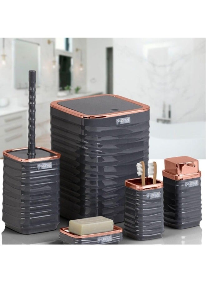 Luna Square 5 Piece Bathroom Set (Soap Dish Soap Dispenser Trash Can Toilet Brush & Holder Toothbrush Holder) (Rose Grey) - Image 2