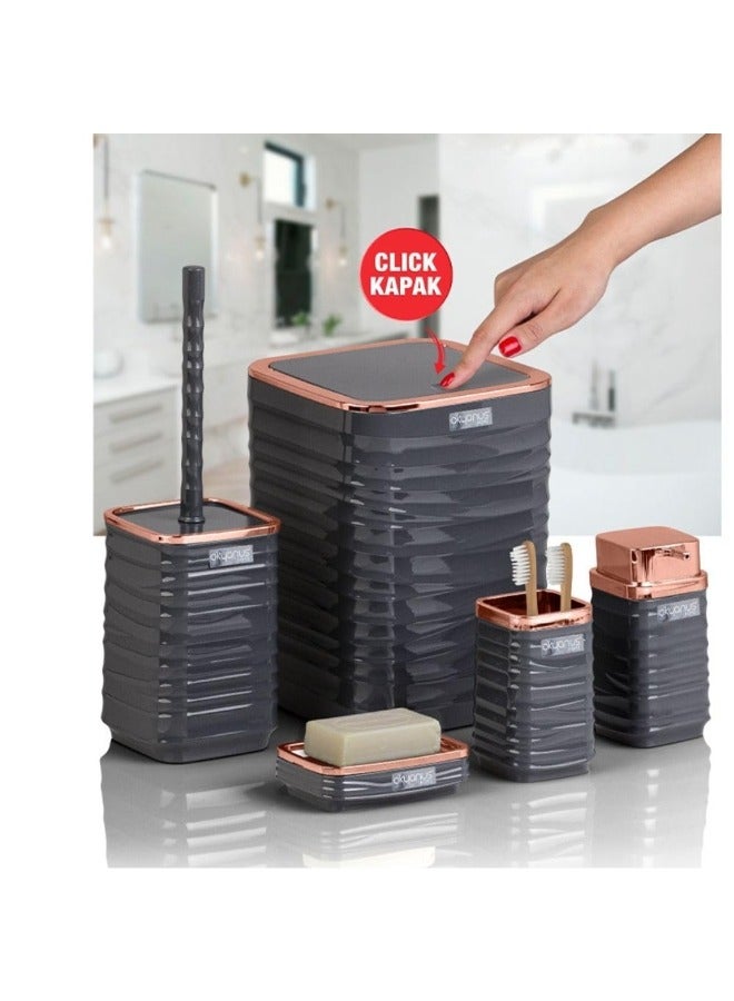 Luna Square 5 Piece Bathroom Set (Soap Dish Soap Dispenser Trash Can Toilet Brush & Holder Toothbrush Holder) (Rose Grey) - Image 3