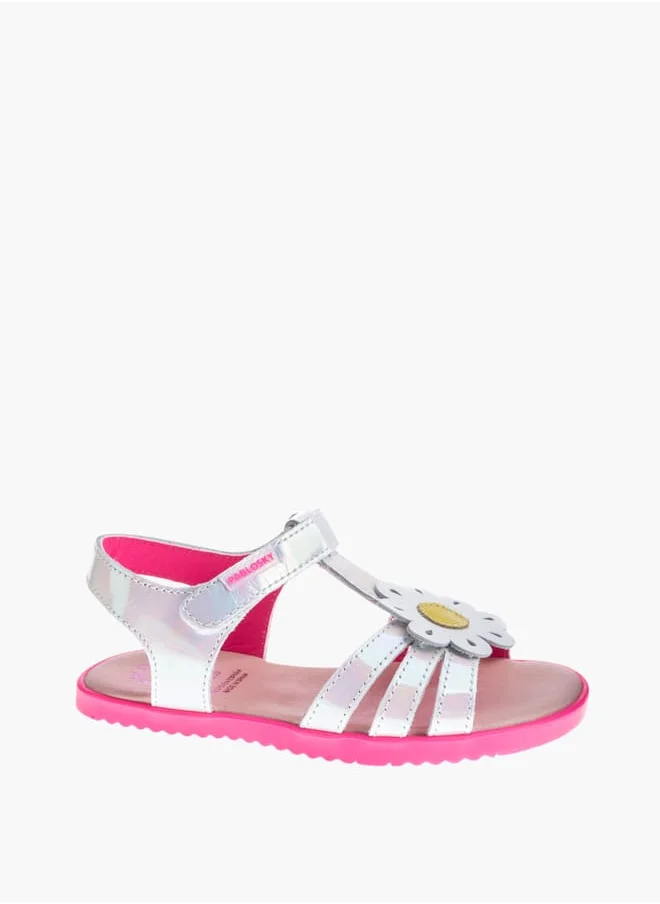 بابلوسكي Girls' Floral Applique Sandals With Hook And Loop Closure
