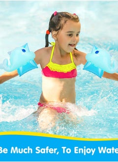 SYOSI Inflatable Armbands for Kids, Pool Arm Floatie Sleeves Floater Tube Water Wings Swimming Armlets for Children Kids learning Swimming Up to 55 lbs Whale Blue  - Image 4