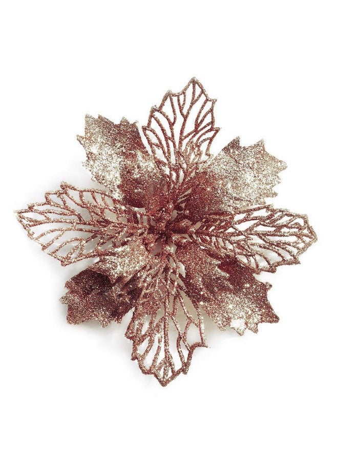 GL-Turelifes 12 Pcs 6.3'' Glitter Christmas Flowers Rose Gold Artificial Poinsettia Flowers Christmas Tree Flowers Wreath Tree Ornaments With 12 Pcs Green Flower Stem  - Image 1