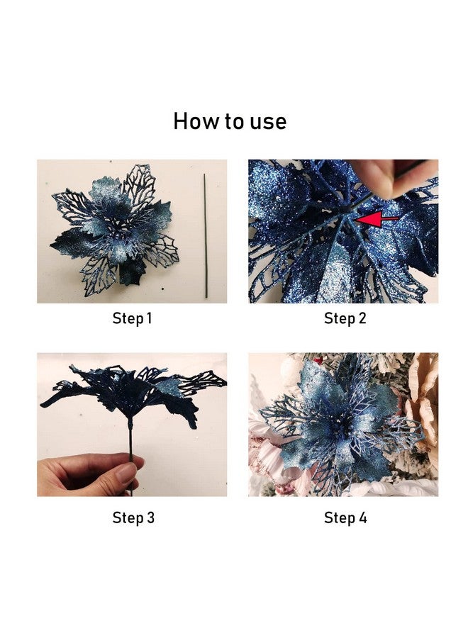 GL-Turelifes 12 Pcs 6.3'' Glitter Christmas Flowers Rose Gold Artificial Poinsettia Flowers Christmas Tree Flowers Wreath Tree Ornaments With 12 Pcs Green Flower Stem  - Image 2