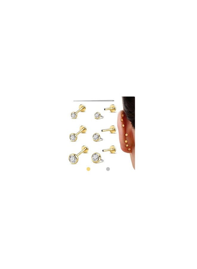 GEMQUEEN Flat Back Earrings Stud : 14K Gold Filled Titanium Surgical Steel Earrings Hypoallergenic for Women Men 16G 18G Cartilage Helix Tragus Conch Medusa Piercing Jewelry Dainty Earring Set 3 Pairs - Image 1