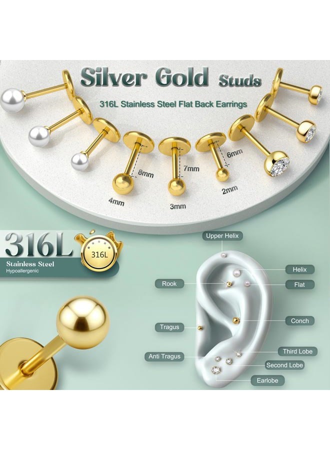 GEMQUEEN Flat Back Earrings Stud : 14K Gold Filled Titanium Surgical Steel Earrings Hypoallergenic for Women Men 16G 18G Cartilage Helix Tragus Conch Medusa Piercing Jewelry Dainty Earring Set 3 Pairs - Image 2
