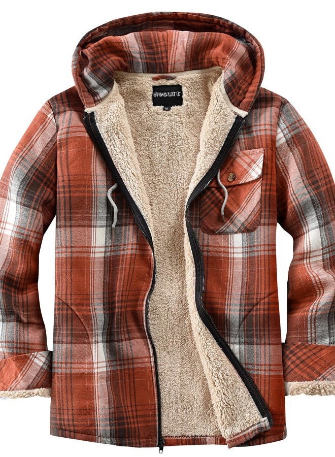 Elesuit Women's Full Zip Fleece Flannel Jacket Plaid Hooded Jackets Sherpa Lind Hoodies for Women, Orange, XL - Image 1