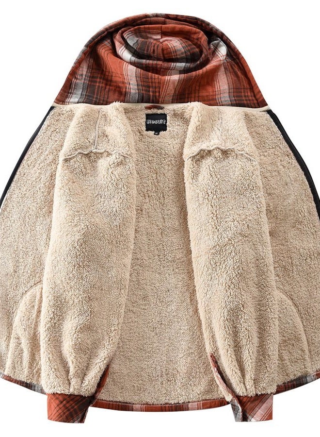 Elesuit Women's Full Zip Fleece Flannel Jacket Plaid Hooded Jackets Sherpa Lind Hoodies for Women, Orange, XL - Image 2