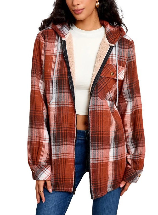 Elesuit Women's Full Zip Fleece Flannel Jacket Plaid Hooded Jackets Sherpa Lind Hoodies for Women, Orange, XL - Image 3