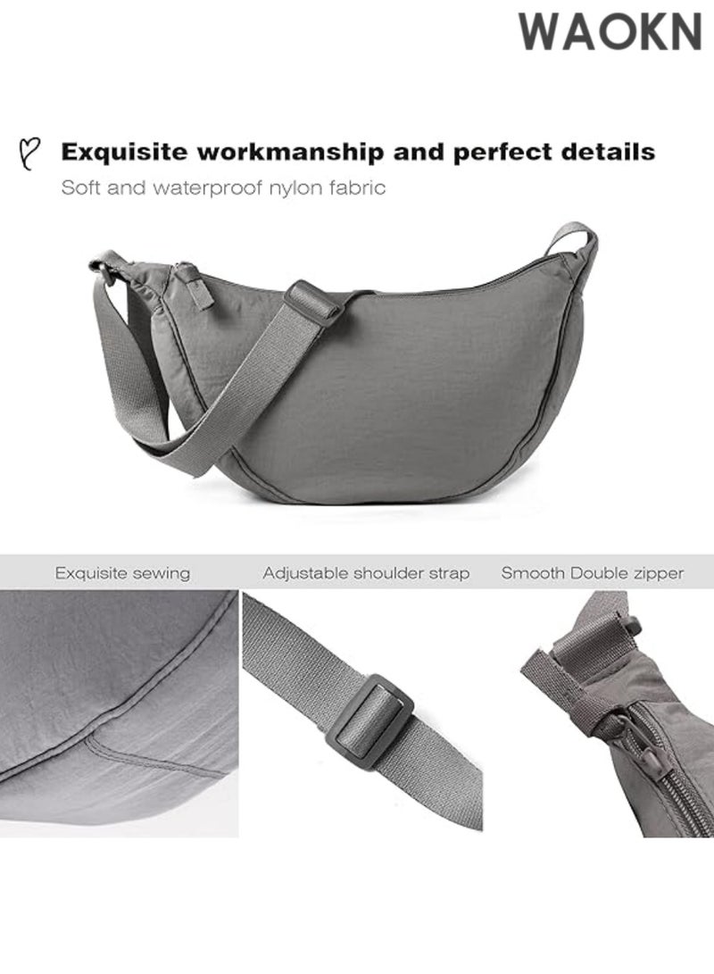 WAOKN Unisex Nylon Crescent Crossbody Bag - Lightweight Fanny Pack for Women & Men - Bag with Adjustable Strap - Hands-Free Travel Essentials Pouch for Phone/Wallet/Keys (Grey) - Image 3