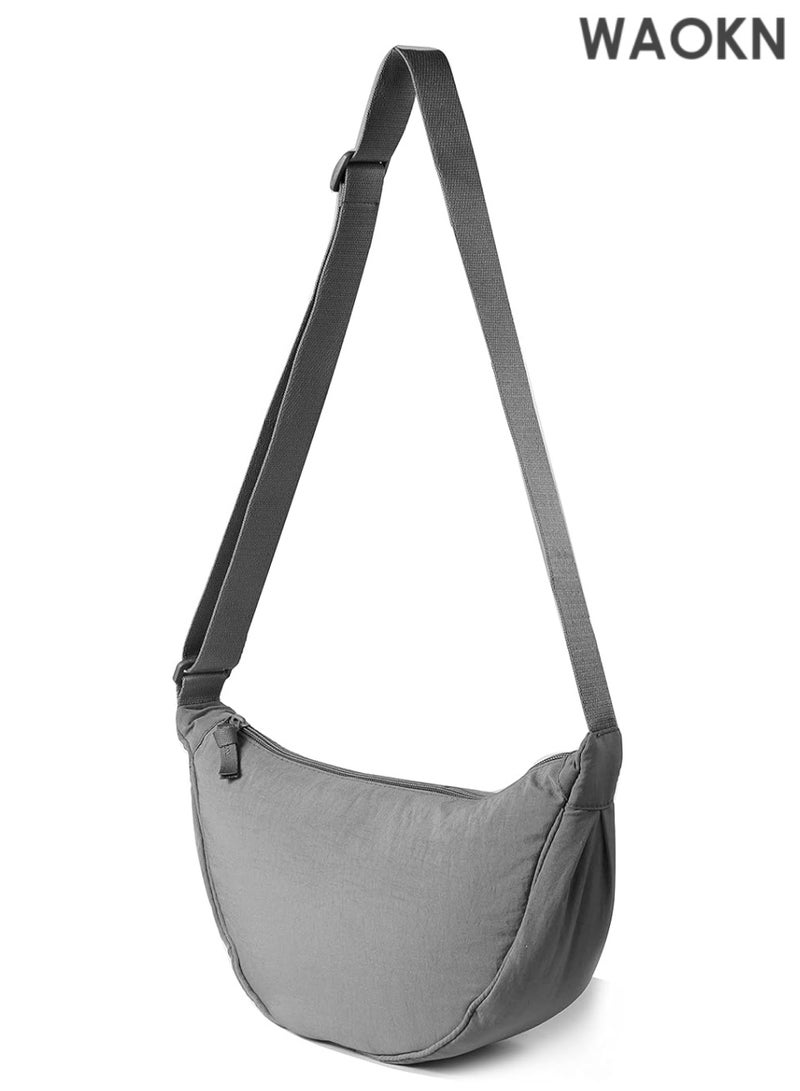 WAOKN Unisex Nylon Crescent Crossbody Bag - Lightweight Fanny Pack for Women & Men - Bag with Adjustable Strap - Hands-Free Travel Essentials Pouch for Phone/Wallet/Keys (Grey) - Image 1
