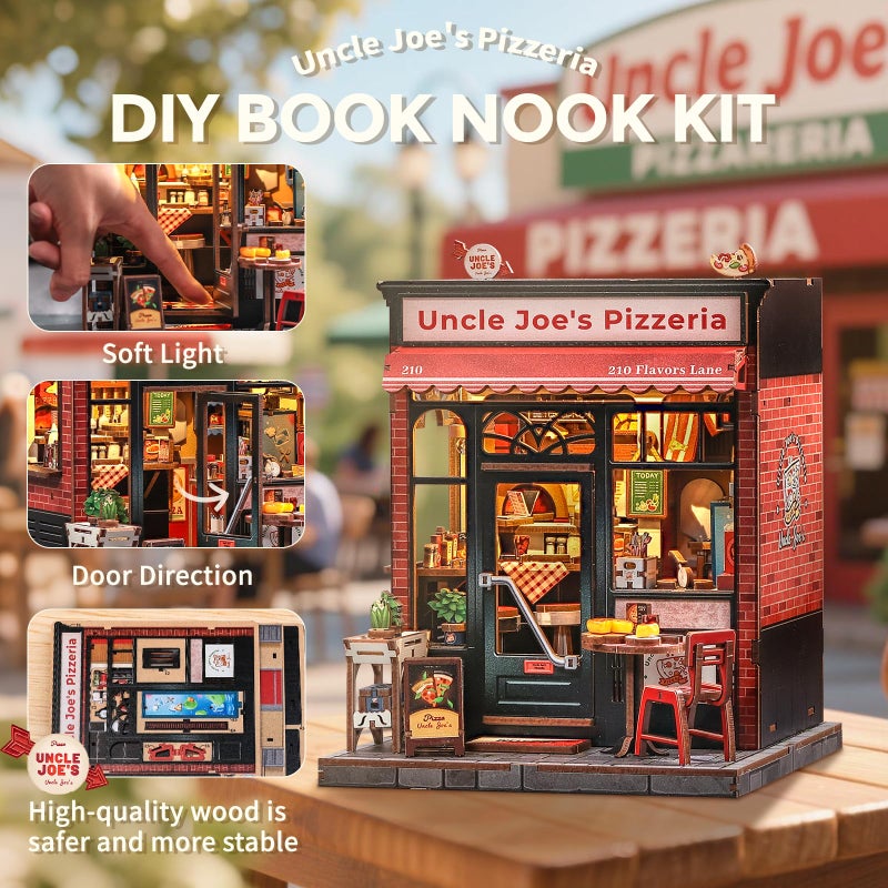 CUTEBEE Book Nook Kit - DIY Miniature House Dollhouse Kit for Adults and Teens, Booknook Tiny House Pizza Shop Bookshelf Decor 3D Wooden Puzzle, Gifts for Family, Friends (Uncle Joe's Pizzeria) - Image 3