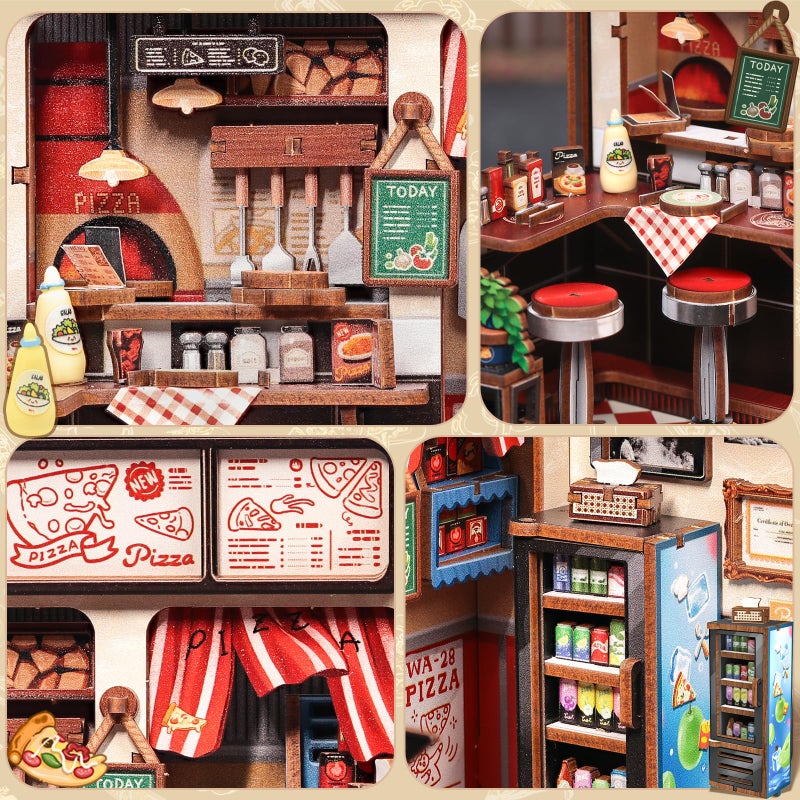 CUTEBEE Book Nook Kit - DIY Miniature House Dollhouse Kit for Adults and Teens, Booknook Tiny House Pizza Shop Bookshelf Decor 3D Wooden Puzzle, Gifts for Family, Friends (Uncle Joe's Pizzeria) - Image 4
