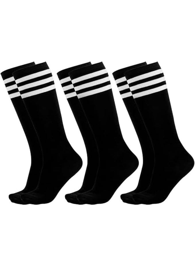 شراب أطفال رياضي للجنسين بقطن مجموعة 3 قطع مخطط بثلاثة خطوط بيضاء, طويل حتى الركبة, مناسب للبنين والبنات, متعدد الاستخدامات الرياضية, لون أسود - Image 2