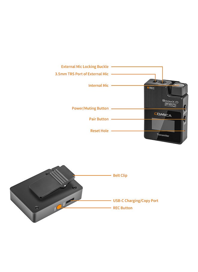 COMICA BoomX-D PRO D2 One-Trigger-Two 2.4G Dual-Channel Wireless Microphone System Built-in 8G Memory Card Digital & Analog Output Modes 100M Effective Range  - Image 4