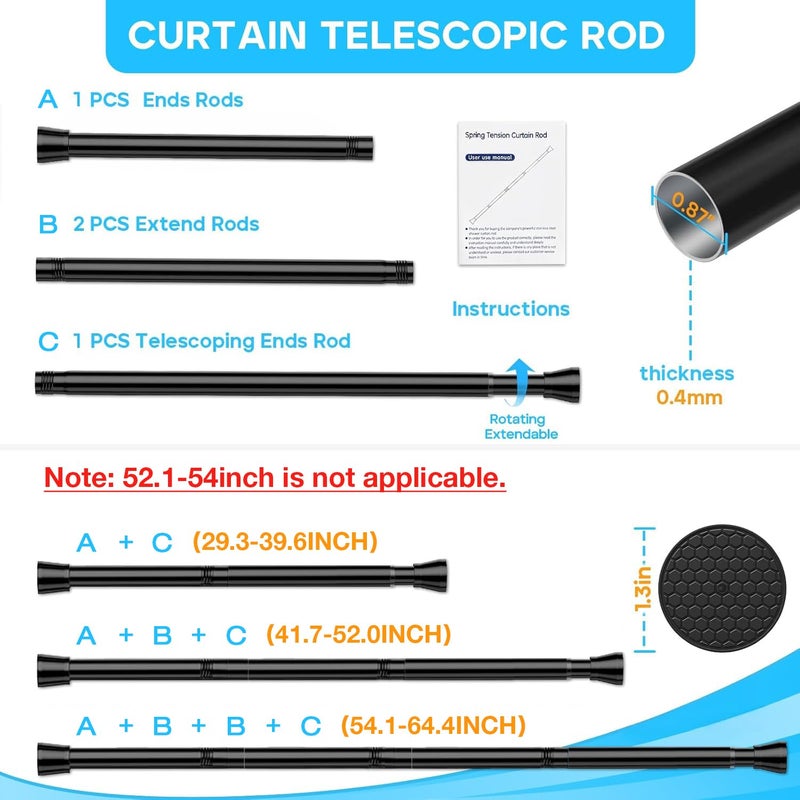 MEXAU Black Tension Curtain Rod 30 to 64 Inch,Adjustable Curtain Rod,Shower Tension Curtain Rod No Drilling,7/8" Spring Curtain Rods for Windows Closet Doorway Door - Image 2