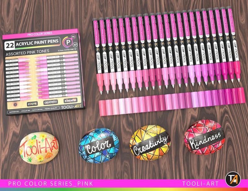 TOOLI-ART Acrylic Paint Pens 22 Pink Tones Assorted Pro Color Series Markers Set 0.7mm Extra Fine Tip for Rock Painting, Glass, Mugs, Wood, Metal, Canvas, Projects, Non Toxic, Waterbased, Quick Drying - Image 2