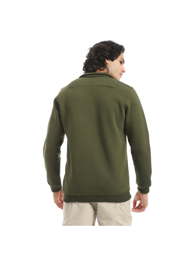 Andora Olive Turned Down Collar With Zipper Closure Basic Sweatshirt_Olive - Image 3