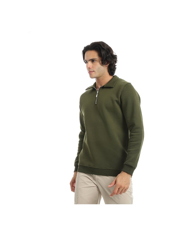 Andora Olive Turned Down Collar With Zipper Closure Basic Sweatshirt_Olive - Image 4