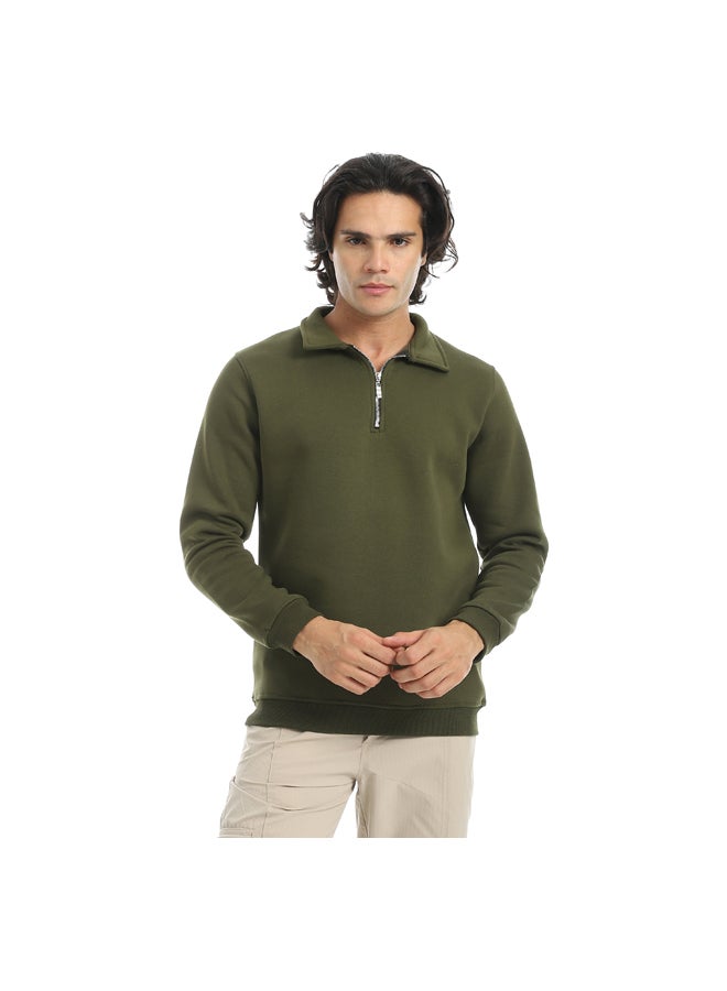 Andora Olive Turned Down Collar With Zipper Closure Basic Sweatshirt_Olive - Image 1