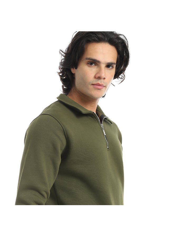 Andora Olive Turned Down Collar With Zipper Closure Basic Sweatshirt_Olive - Image 2