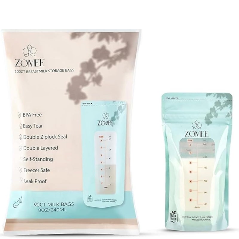 Zomee Breast Milk Storage Bags 8oz â€“ Leakproof Double-Zip Seal, Self-Standing, Easy-Pour Design, Freezer Safe, Pre-Sterilized, BPA & Phthalate Free â€“ Bulk Pack of 90 - Image 1