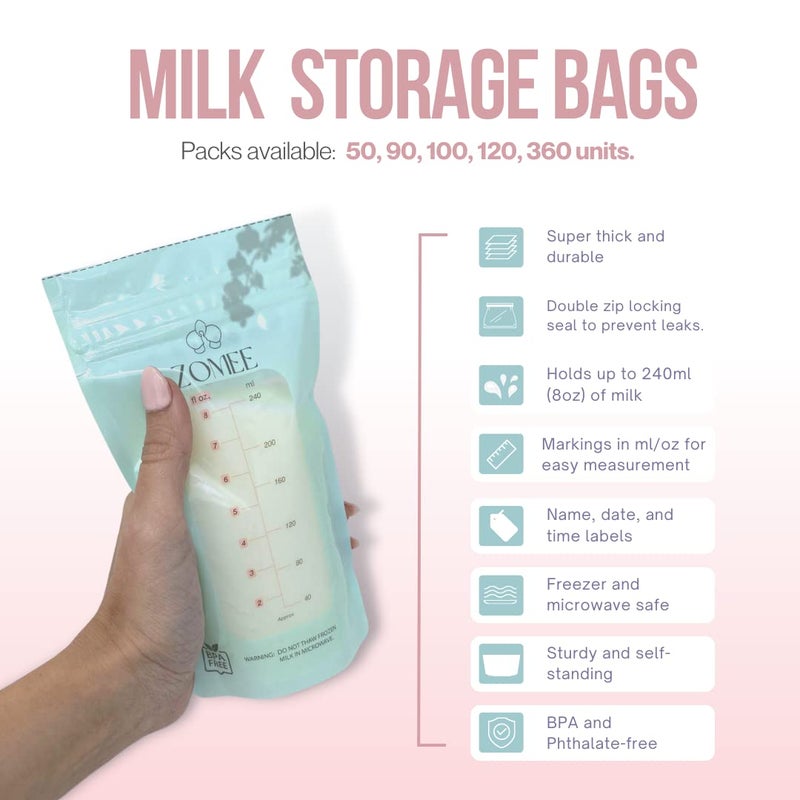 Zomee Breast Milk Storage Bags 8oz â€“ Leakproof Double-Zip Seal, Self-Standing, Easy-Pour Design, Freezer Safe, Pre-Sterilized, BPA & Phthalate Free â€“ Bulk Pack of 90 - Image 5