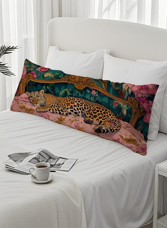 PIUD Vintage Leopard Floral 20x54 Body Pillow Cover, Cheetah Room Decor, Trendy Retro Sleepy Leopard Pink Flowers Decorative Long Body Pillow Cases for Bed Couch - Image 4