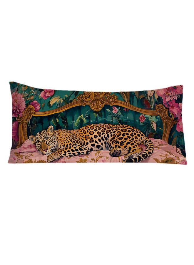 PIUD Vintage Leopard Floral 20x54 Body Pillow Cover, Cheetah Room Decor, Trendy Retro Sleepy Leopard Pink Flowers Decorative Long Body Pillow Cases for Bed Couch - Image 1