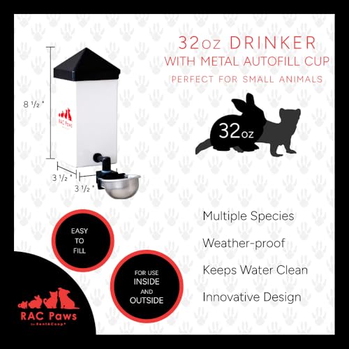 RentACoop No-Drip 32oz Small Animal Drinking Bottle with Auto-Fill Metal Cup for Small Pet/Bunny/Ferret/Hamster/Guinea Pig/Rabbit/Chinchilla/Mouse/Rat. Food Grade Plastic - Image 2