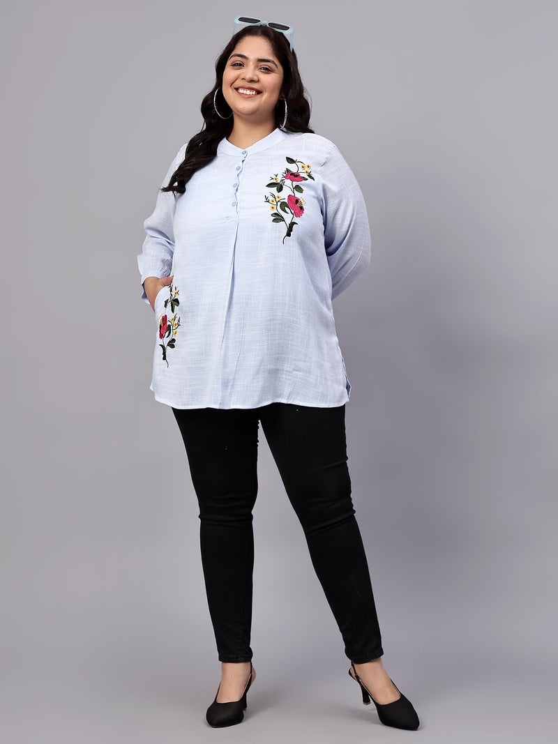 Indietoga Women's Plus Size Cotton Longline Tunic Tops (10001498_Blue Embroidery_2XL) - Image 5