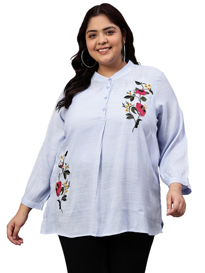 Indietoga Women's Plus Size Cotton Longline Tunic Tops (10001498_Blue Embroidery_2XL) - Image 1