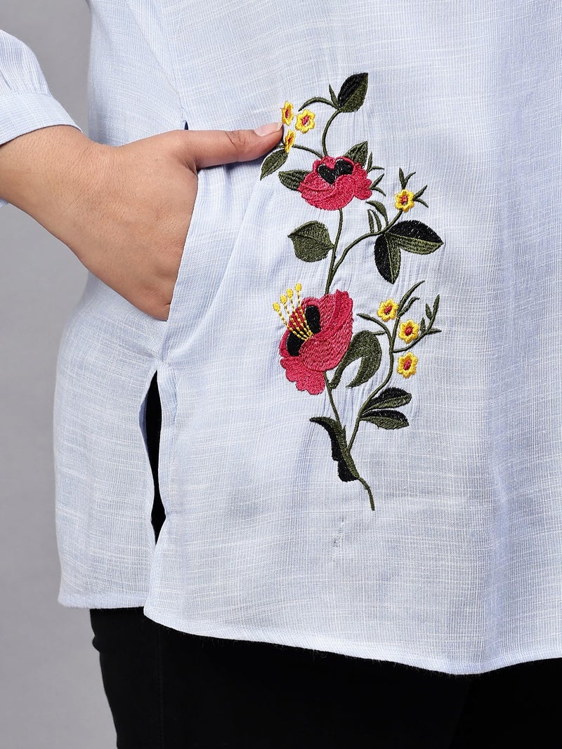 Indietoga Women's Plus Size Cotton Longline Tunic Tops (10001498_Blue Embroidery_2XL) - Image 3